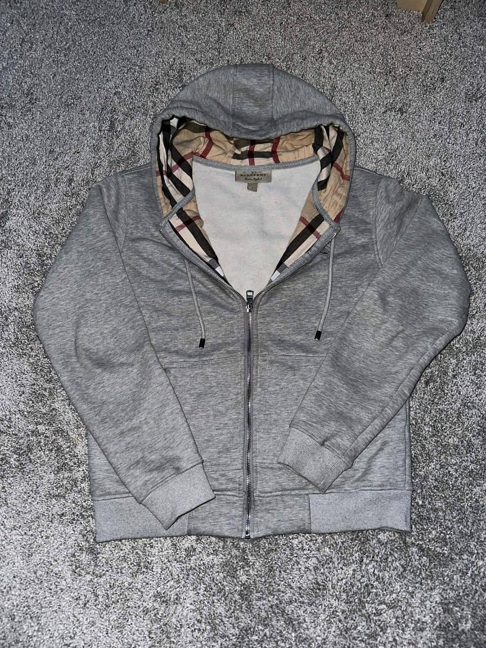 Burberry Gray Zip-Up Hoodie with Signature Check Lining